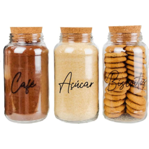 Kit Cantinho do Café - Café, Açúcar e Biscoitos | 3 potes de Vidro 830ml com Tampa Rolha + Adesivos